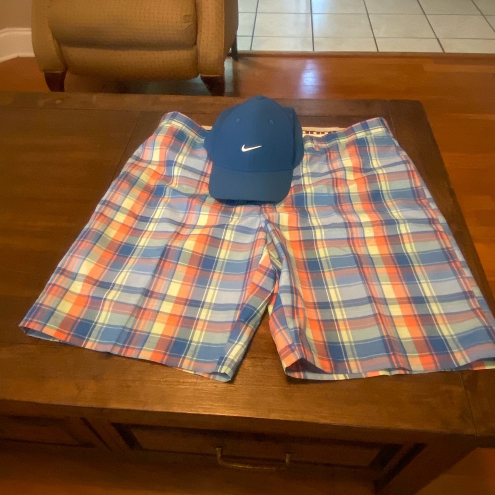 Nike Blue Cap with Blue and Coral Plaid Shorts